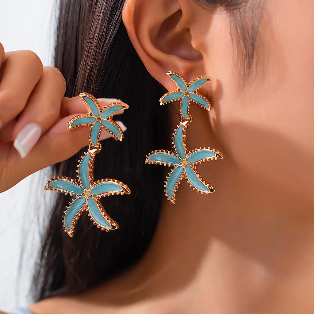 Fashionable Alloy Blue Color Starfishes Drop Earrings Flower Pendant Piercing Ear Accessory for Parties and Gatherings