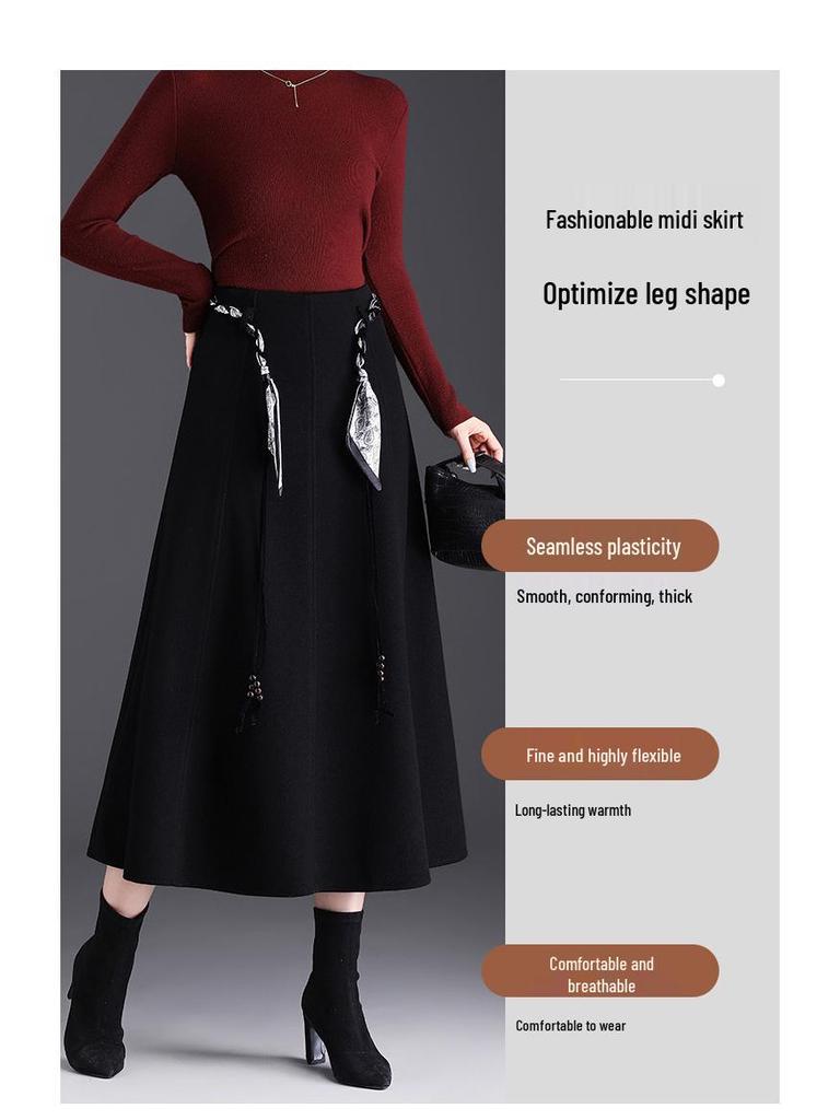 Winter 2025 High-Waisted A-Line Wool Skirt with Thick Hem - Mid-Length Slimming Casual Design