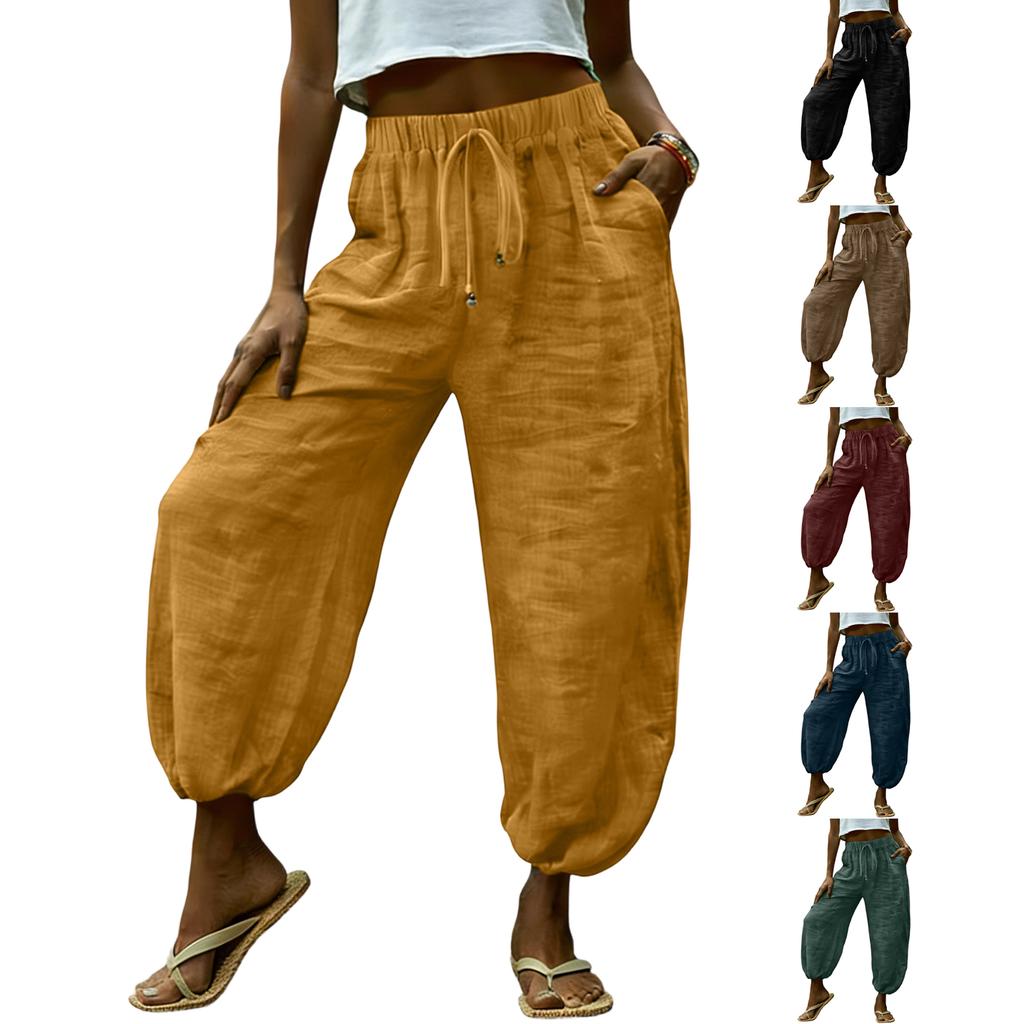 Women's Fashionable Color Casual Elastic Waistband Drawstring Pocket Loose Pants