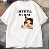 Cat Thumbs Up Crying I'm Trying My Best Funny Tee Casual Cotton Short Sleeve T Shirt Streetwear Harajuku Mens Clothes Tops