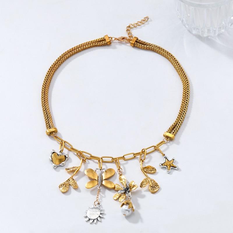 Layered Butterfly Flower Starfish Necklace Earring Set Women Alloy Chain With Imitation Pearl Floral Jewelry 2025 Necklace