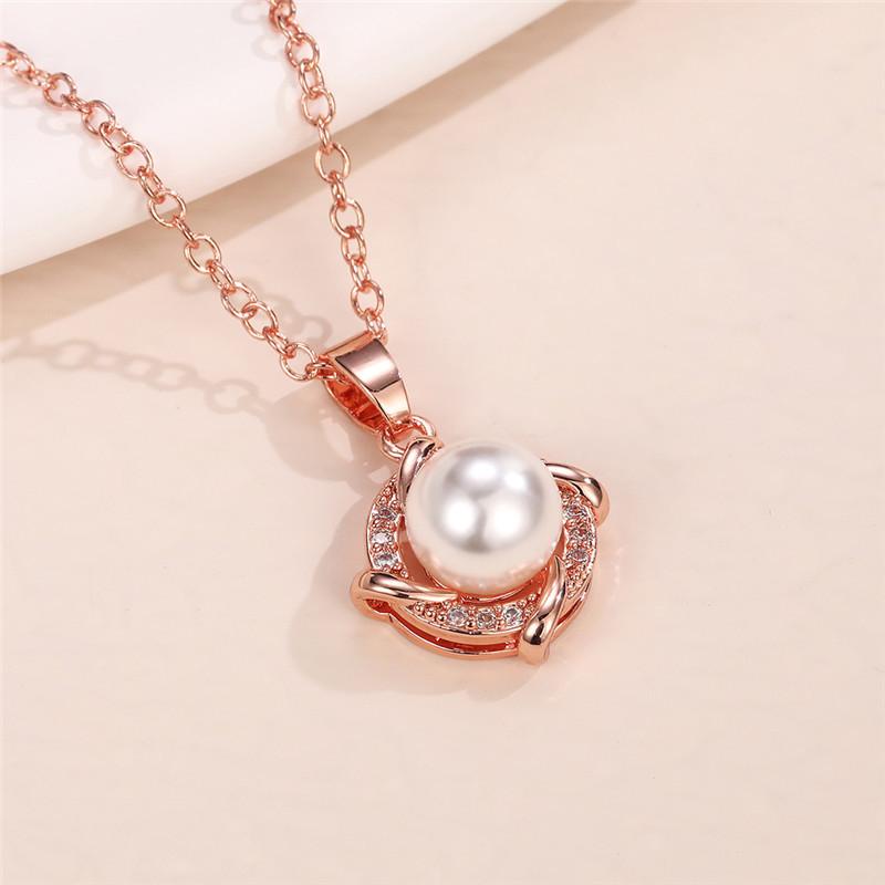 Rose Gold Plated Simulated Pearl & CZ Pendant Necklace, Delicate Cable Chain Necklace for Women