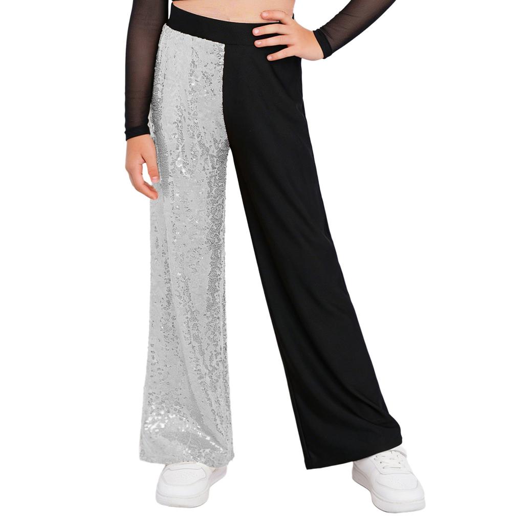 Girls Sequins Patchwork Pants Elastic Waist Color Block Dance Trousers Hip Hop Jazz Outfit