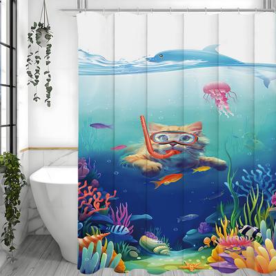 Funny Cat Shower Curtain, Cat Swimming In the Sea with Turtle Octopus Bathroom Shower Curtain, Shower Curtain with Hooks, Water