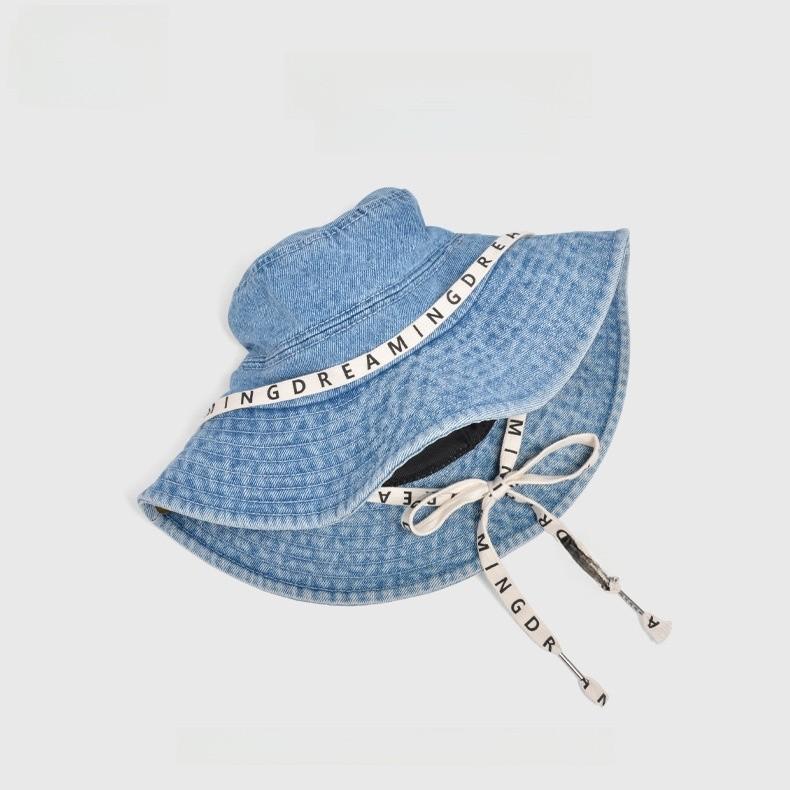 Summer Fashion Letter Strap Wide Brim Denim Fisherman Hat With Sun Protection For Women