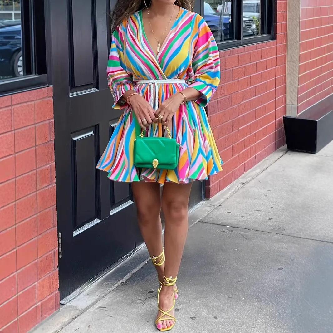 Women s Colorful Striped V-neck Dress with Belt Long Sleeve V-neck Casual Short Dress S