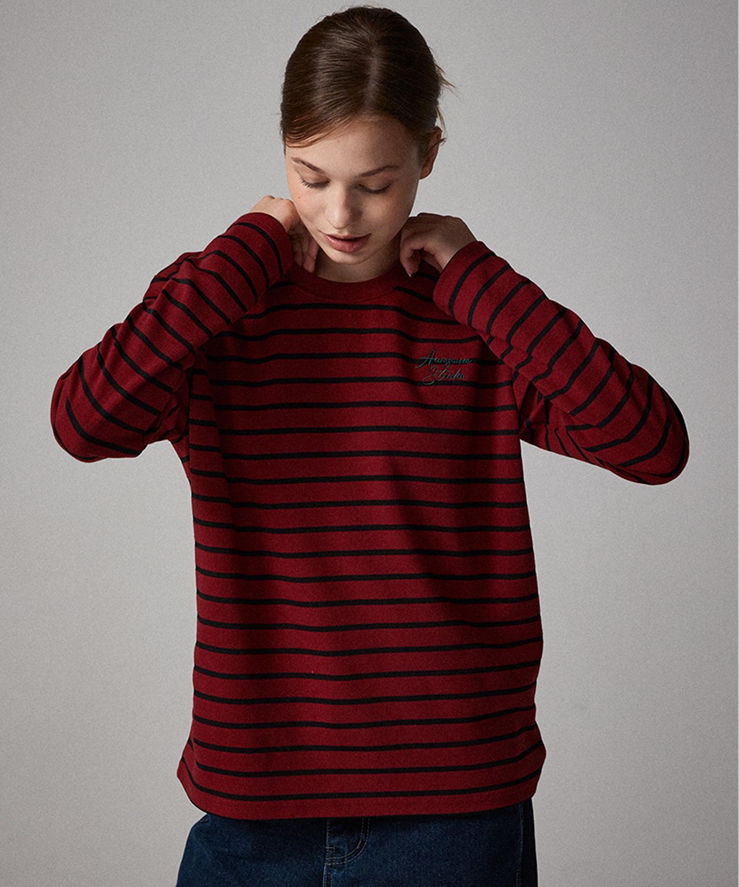 Awesome Studio Striped Long Sleeve T-Shirt Wine White/Free