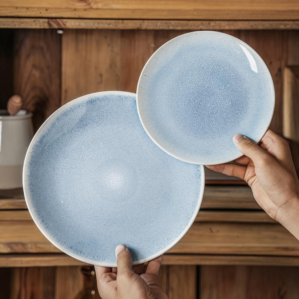 High-Value Kiln-Changed Blue Plate Ceramic Plate Household Vegetable Plate Dessert Plate Restaurant Hotel Round Plate