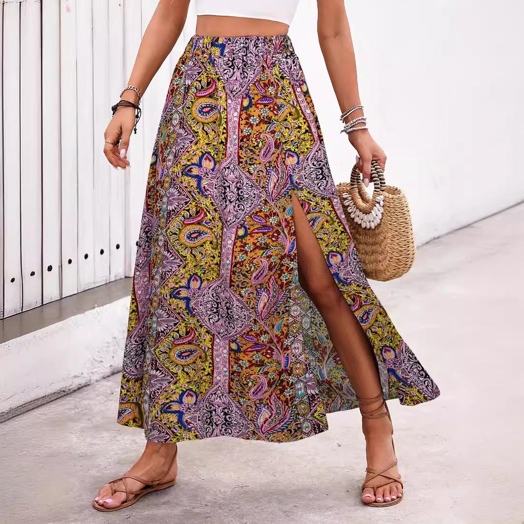 ins cross-border celebrity style personalized printing slit a-word skirt spring and summer high-end foreign trade women's clothing skirt skirt skirt