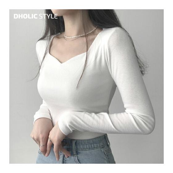 Heart neck long sleeve T-shirt p518765 Women s [tops] Korean fashion tops T-shirt heart neck long sleeve sleeve simple mix and match going out plain