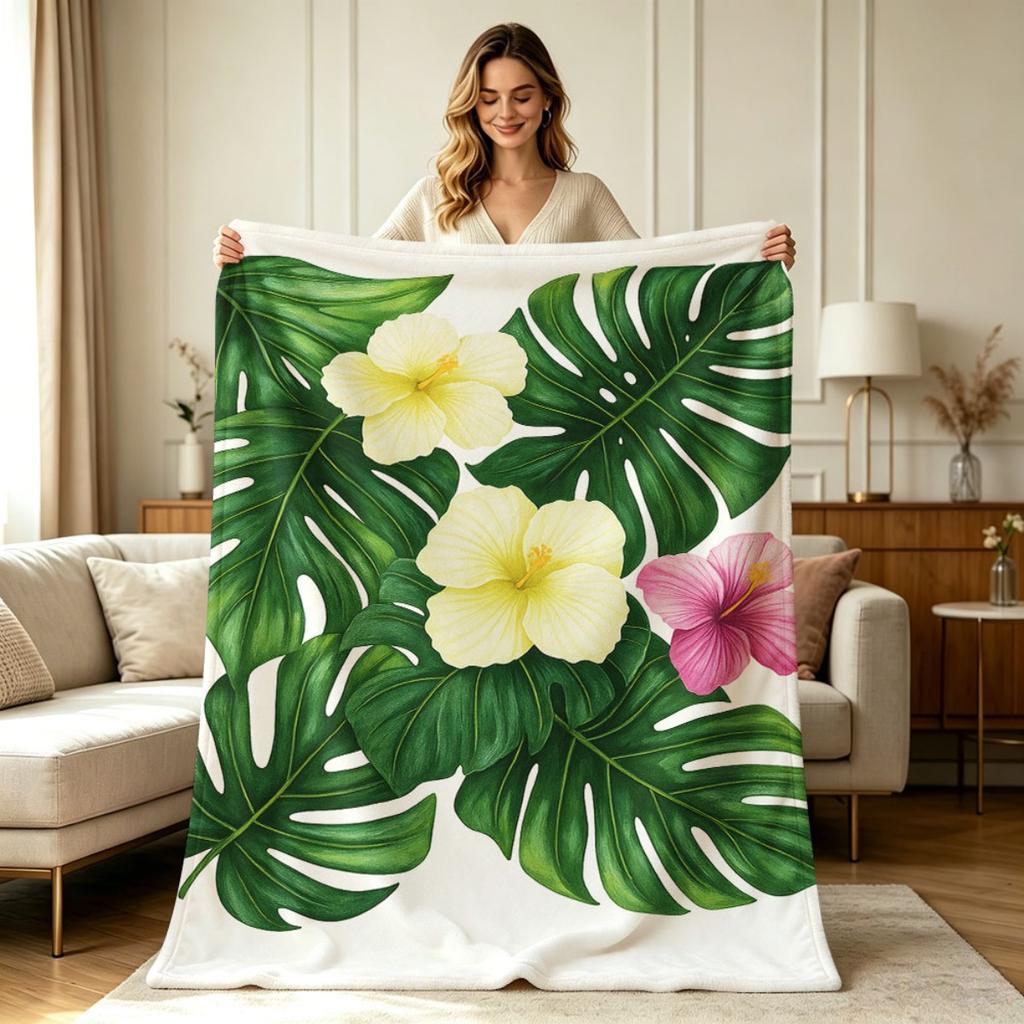 Soft Flannel Blanket with Tropical Hibiscus Monstera Leaf Print All Season Warm Cozy Throw Blanket for Sofa Couch Bed Office Living Room Home Decor