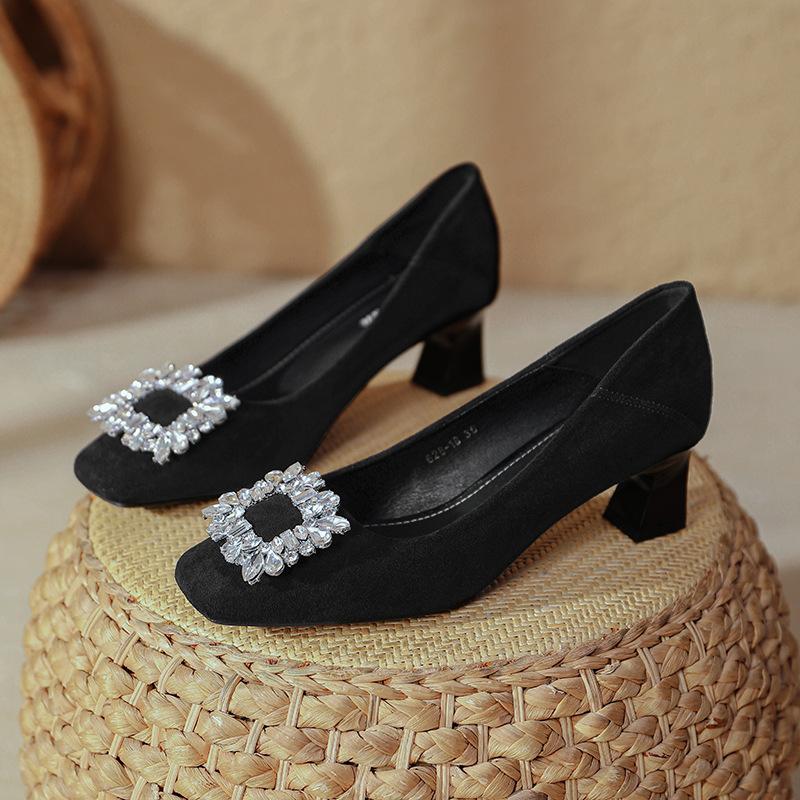 Thick heel single shoes 2025 new spring and autumn women's shoes suede temperament medium heel rhinestone square buckle French square head high heels
