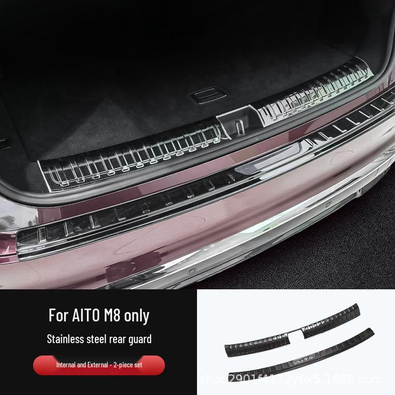 AITO M8 Rear Bumper Cover: Carbon Fiber Texture/Stainless Steel Tailgate Sill Plate - Dirt & Scratch Resistant.