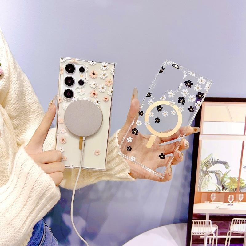 Magsafe Magnetic Shell Spring Flowers Suitable for Samsung S25 Ultra Mobile Phone Case S24plus Electroplated Transparent 23