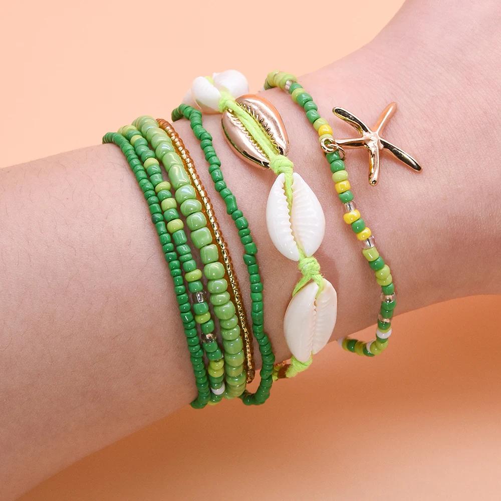 7Pcs/Set Summer Starfish Bracelet Set For Women Shell Rice Beads Elastic Chain Bangle Girls Bohemia Beach Jewelry Accessories