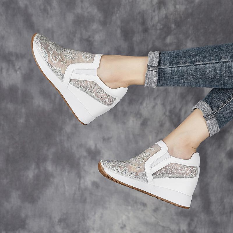 Fashion 8cm Air Mesh Thick Heel Embroider Lace Platform Wedge Bling ZIP Breathable Rhinestone Summer Hollow Women Fashion Shoes