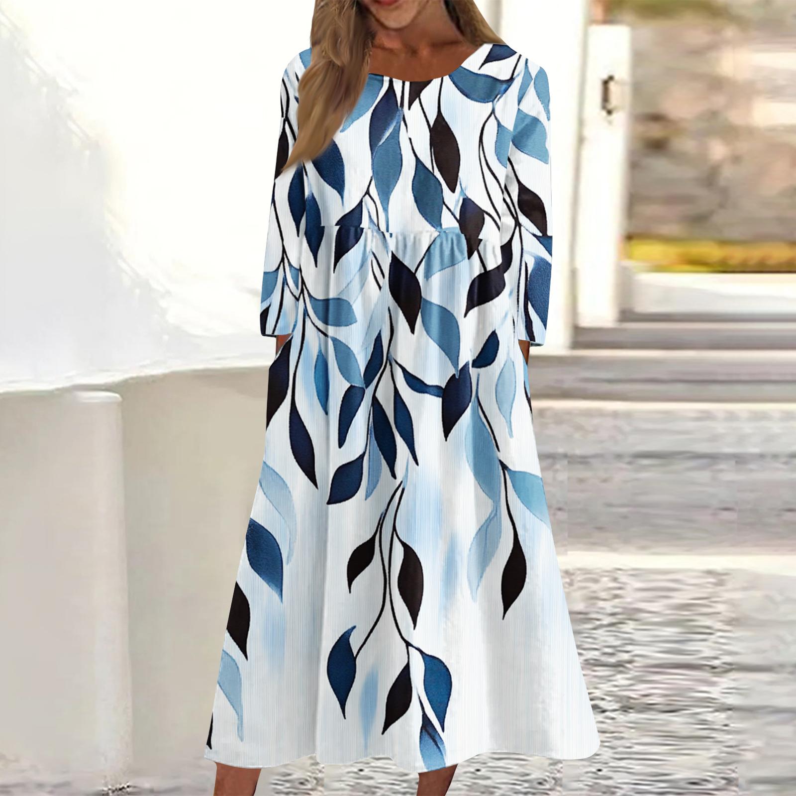 

Женское повседневное миди-платье с круглым вырезом и цветочным принтом, с длинным рукавом и карманами XL небесно-голубой