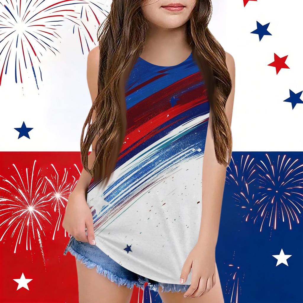 Girls  Kids Summer Crewneck Sleeveless Shirts Tank Tops Independence Day