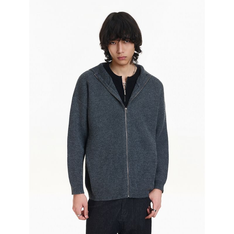 Blaexit Autumn and Winter Retro Cardigan Sweater Jacket Men's Loose Lazy Style Black Hooded Knit Top