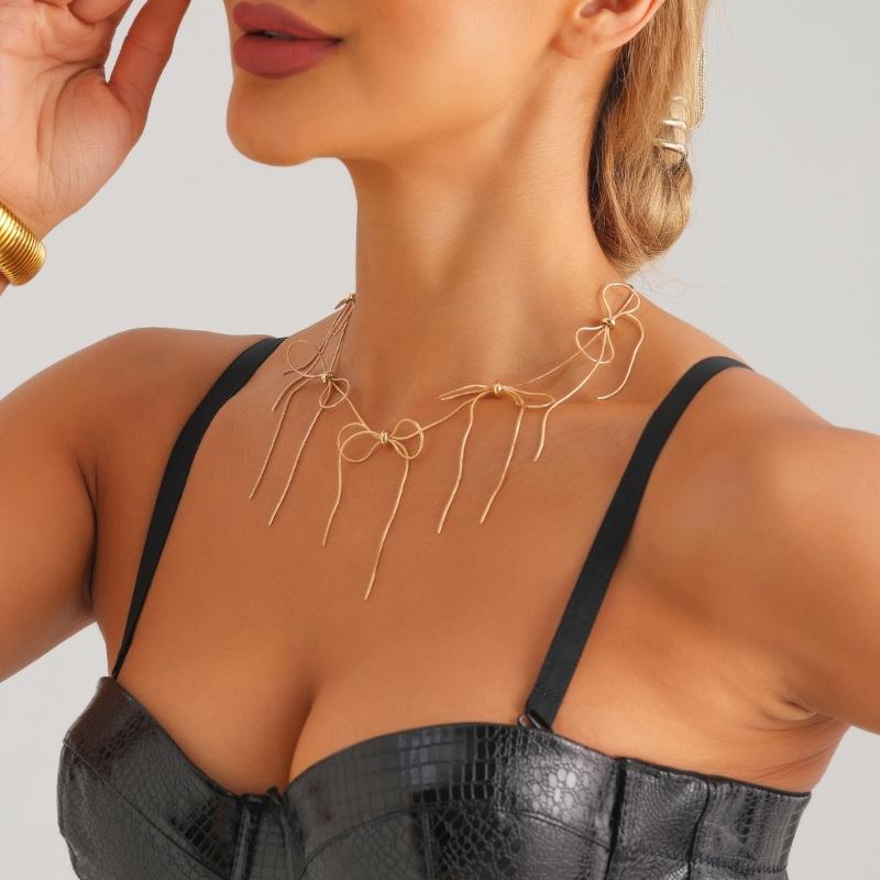 Delicate Tassels Bowknot Necklace for Women Snake Chain Sweater Choker Temperament Clavicle Chain Handmade Jewelry Gift