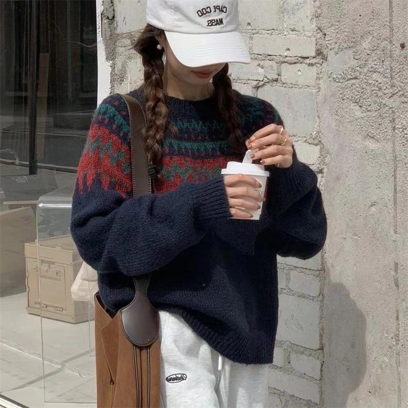Gentle wind pullover sweater women's loose autumn and winter wear autumn and winter new retro knitted crew neck top