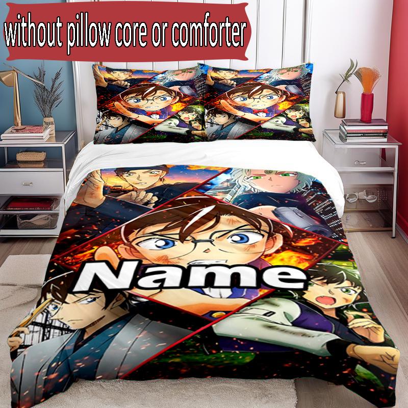 3pcs Duvet Cover Set (1*Duvet Cover + 2*Pillowcase, Without Core), Custom Name Detective Conan Pattern Bedding Set, Home Bedroom Decor Gift