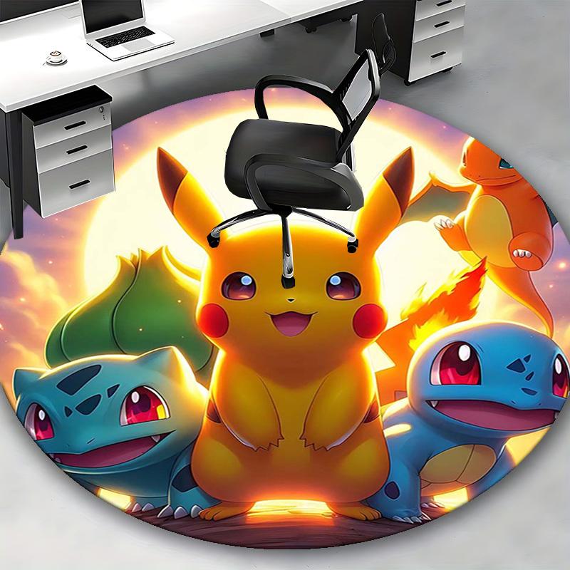 1pc Pikachu & Friends Pokémon Round Carpet - Anime Design Chair Mat, Non-Slip Rug for Office, Home Decor, Living Room