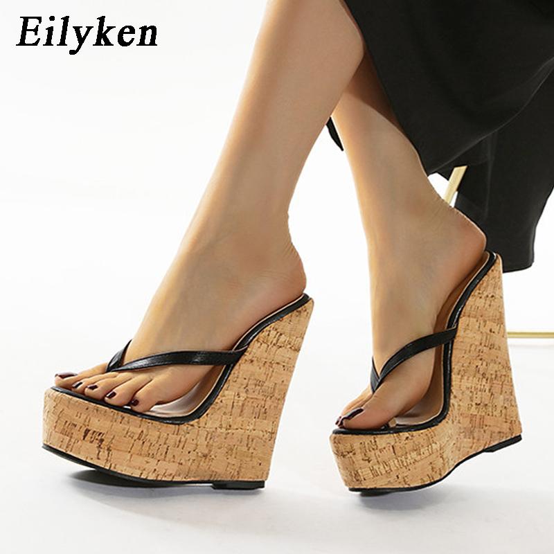 Fashion Eilyken Summer Designer High Heels Platform Wedges Women Slippers Pinch Toe Slide Shoes Female Sandals Large Size 35-42