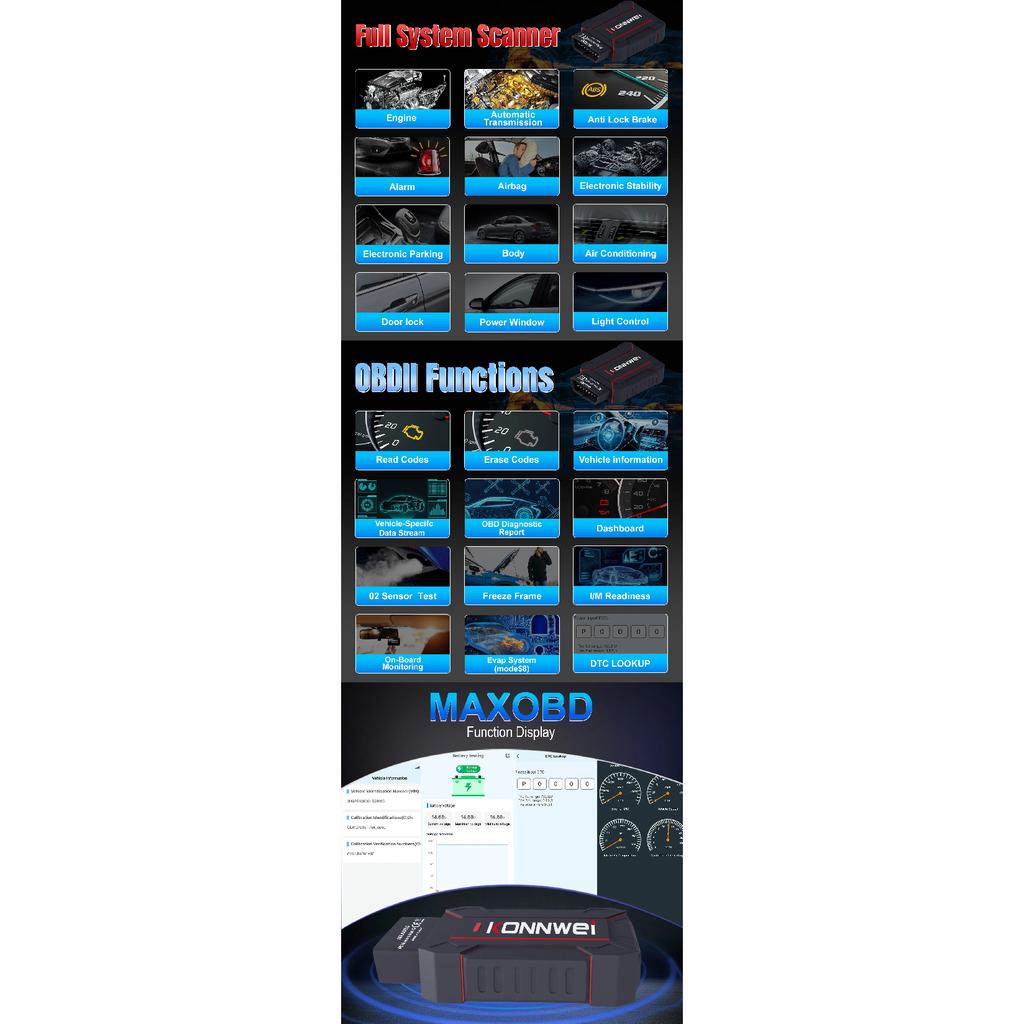 Newest Products Car All System Scanner KONNWEI MAXOBD Bluetooth 5.0 For Android And Ios Both With Free MAXOBD App On Mobile