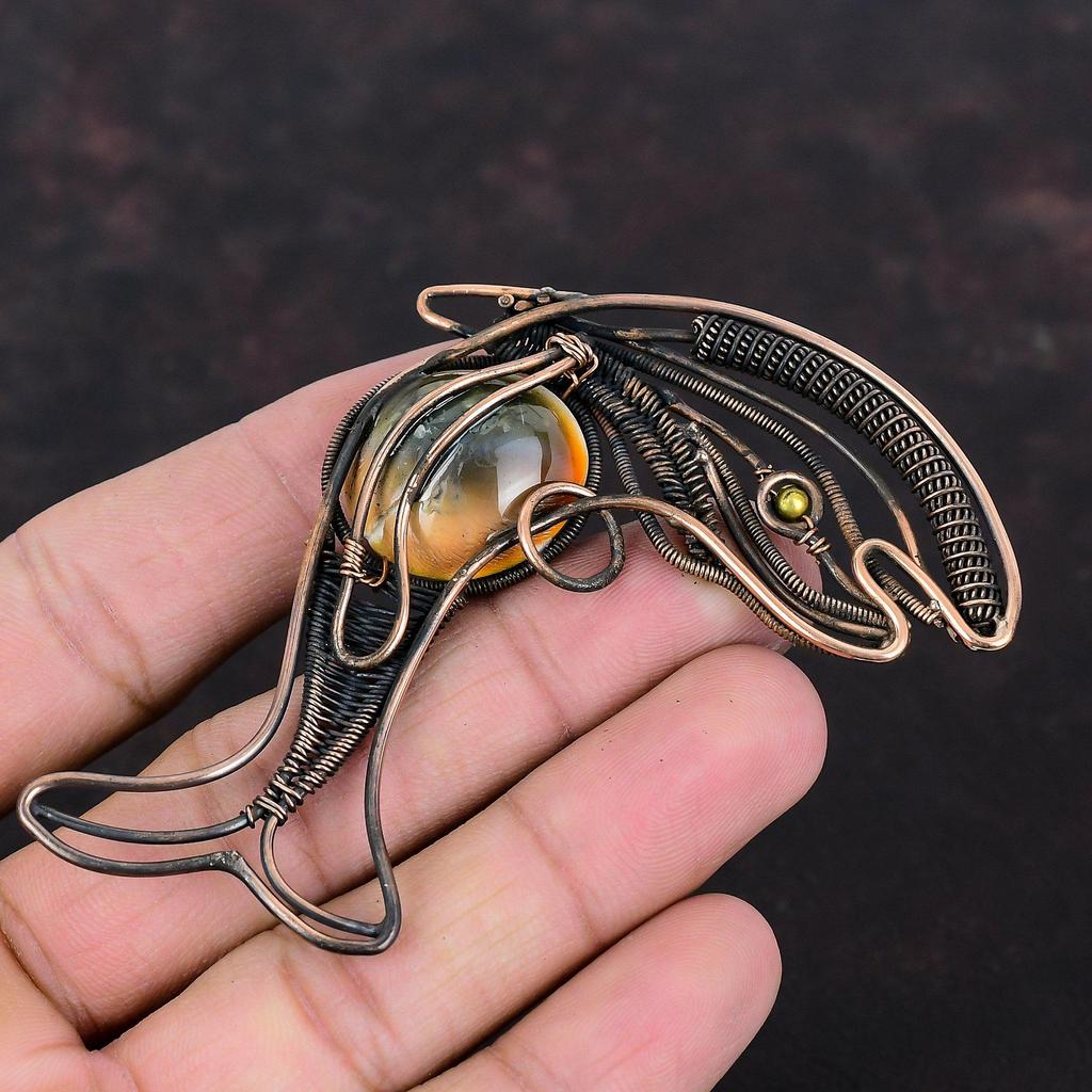 Shiva Eye Shell Pendant Copper Wire Wrapped Pendant Handmade Gemstone Pendant Fish Pendant Copper Jewelry Latest Design Pendant Wedding Gift