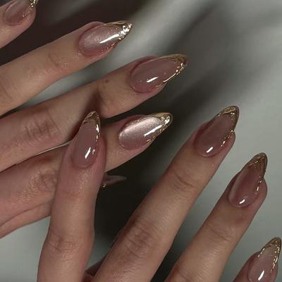 Almond Press On Nail Cats Eye Fake Nail Glitters Designs Full Cover Glues On Nail Glossy Acrylic Nail Artificial Nail