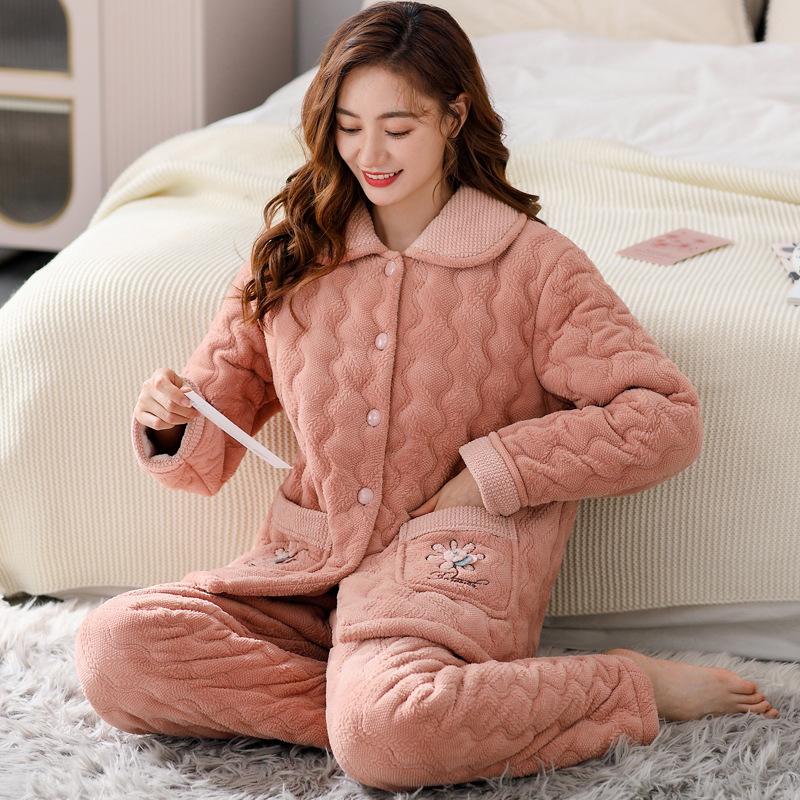 Padded Pajamas Women'S Winter Three-Layer Thickened Velvet Coral Velvet Autumn And Winter Padded Jacket Can Be Worn Outside Loungewear Set