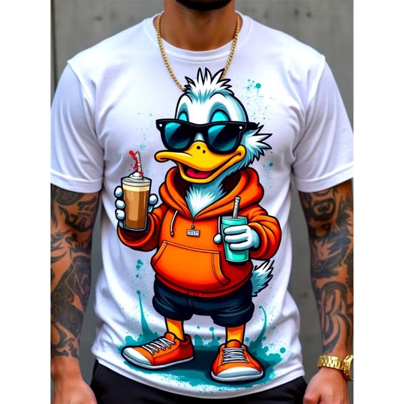 Mens T-shirt cool cartoon duck character sunglasses coffee graffiti splash letter print short sleeve crew neck street casual top