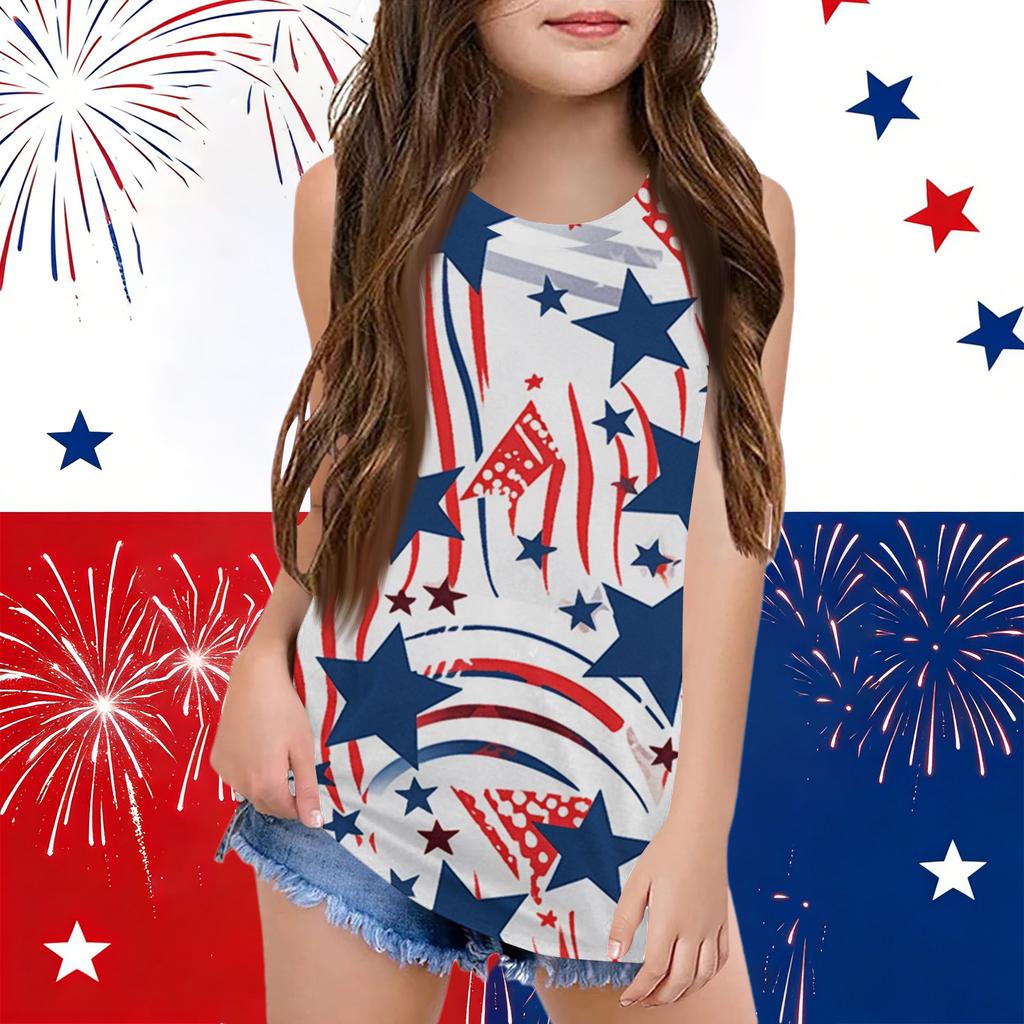 Girls  Kids Summer Crewneck Sleeveless Shirts Tank Tops Independence Day