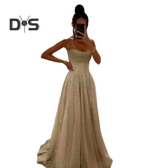 

Свадебное платье для выпускного вечера, вечернее платье с открытой спиной, на тонких бретельках, с пайетками, без рукавов, А-силуэта, длиной до пола, бальное платье с глубоким вырезом, плиссированное коктейльное платье M шампанского