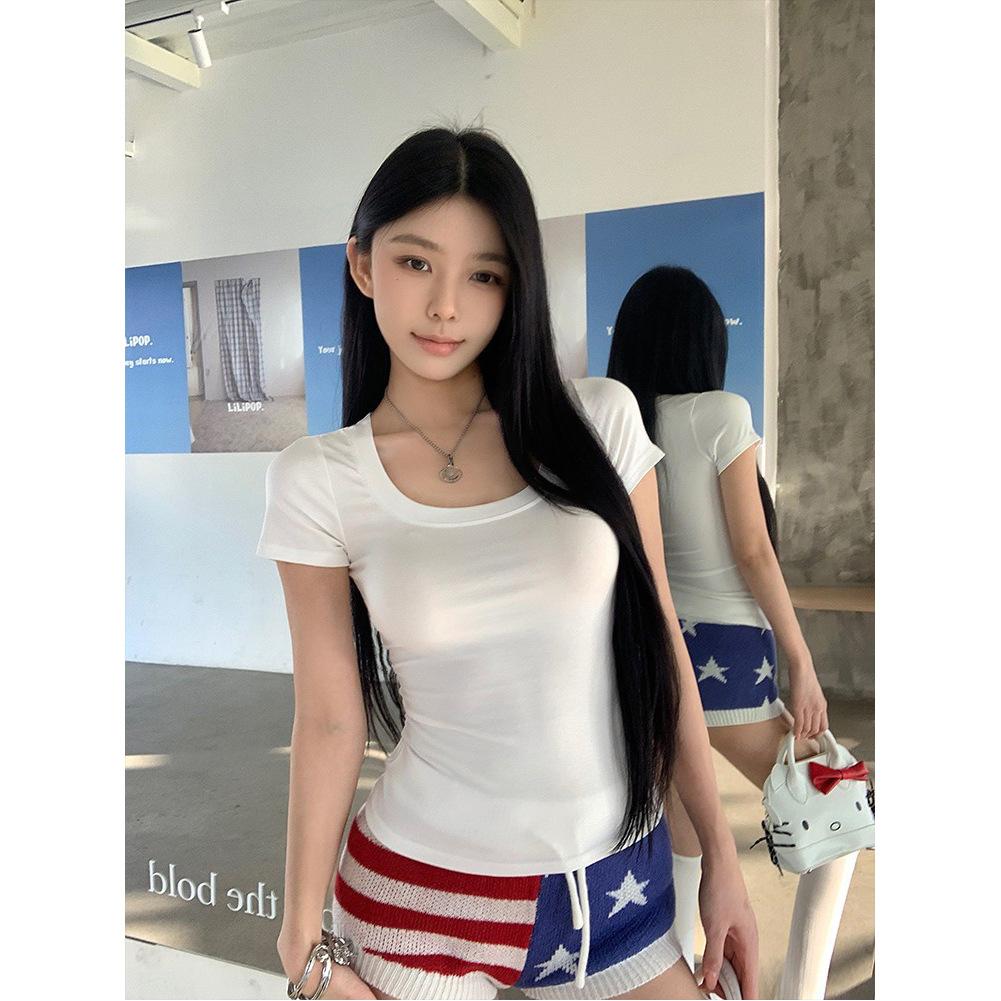 

European and American popular U-neck slim-fitting short-sleeved women s summer new Spice Girls short-skinny tops are trendy M