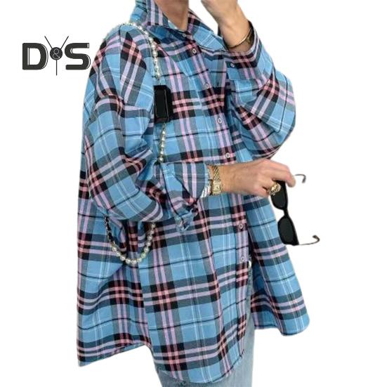 

Женская рубашка с длинным рукавом, клетчатым принтом, свободным кроем, карманом-клапаном, планкой на пуговицах, рубашка средней длины XL синий/розовый