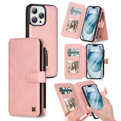 iPhone 16 Pro Multifunktionale Leder Geldbörsenhülle mit Abnehmbarem Magnetischen Schutz