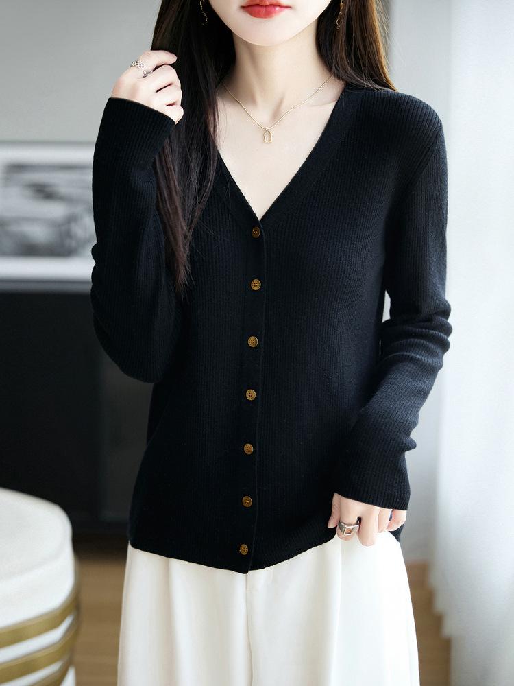 Women's Slim-Fit V-Neck Wool Cardigan, Petite-Friendly, Ribbed, Slimming, 100% Wool, Solid Color Sweater Coat