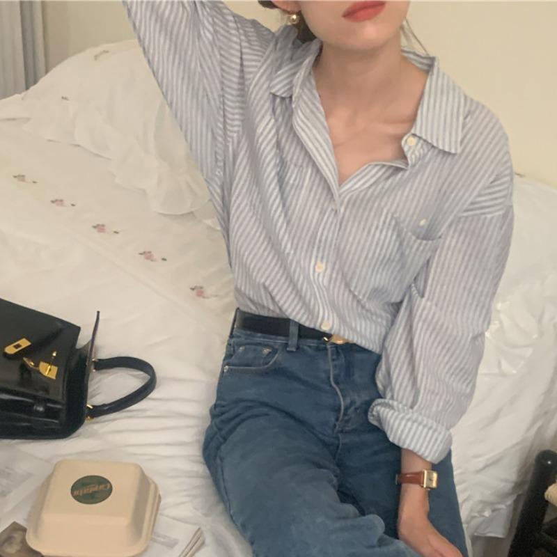 Striped Shirt Female Casual Versatile Long-sleeved Shirt Cardigan Loose Jacket Vintage Basic Office Casual Women Shirt Comfortable Women's Clothes