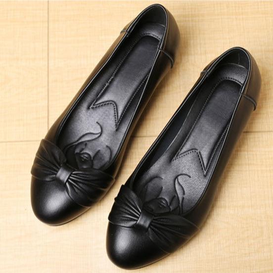 Soft Leather Soft-Soled Mother Shoes, Flat-Bottomed Wear-Resistant Waterproof Bow Work Shoes