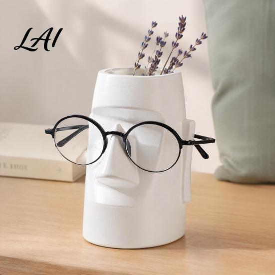 Desk Storage Box Resin Glass Stand Pen Holder Moai Statue Pencil Container Glasses Stationery Organizer Eyeglass Display Rack for Home Office