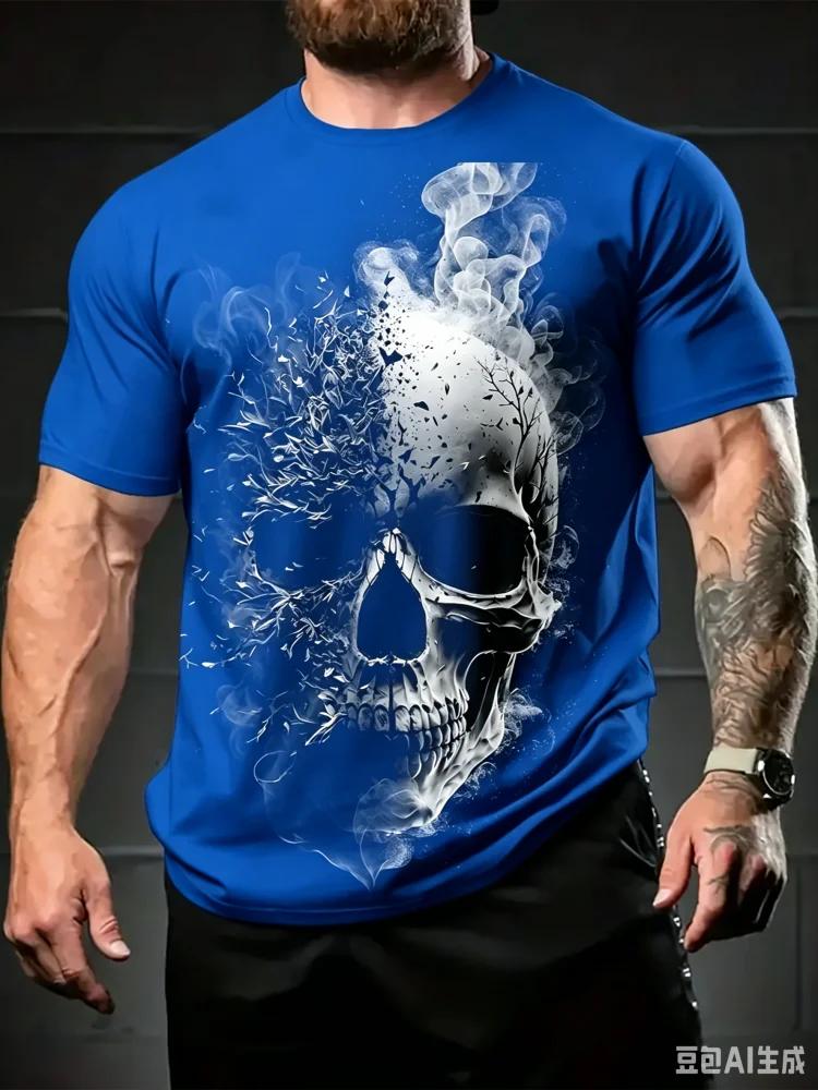 Street Style Koszulka z nadrukiem czaszki 3D Letnia Codzienna Spersonalizowana Hip Hop Okrągły dekolt Góra Męska Codzienna Moda Fitness Krótki rękaw Odzież męska