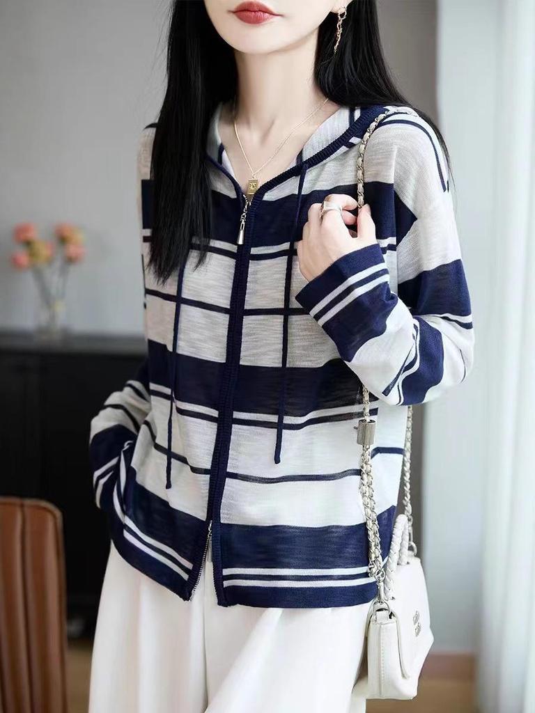 Women's Autumn Korean Striped Bamboo Linen Hooded Cardigan - Loose, Slimming Design
