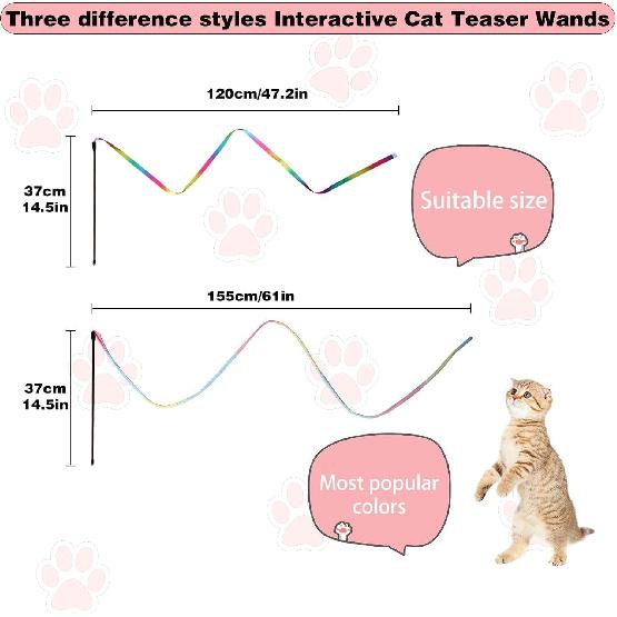 Cat Wand Toys Interactive Kitten Toys for Indoor Cats Colorful Teaser Wand String for Exercise Kitten Stick Kitty Rope Toy Rainbow Ribbon Cat Charmer