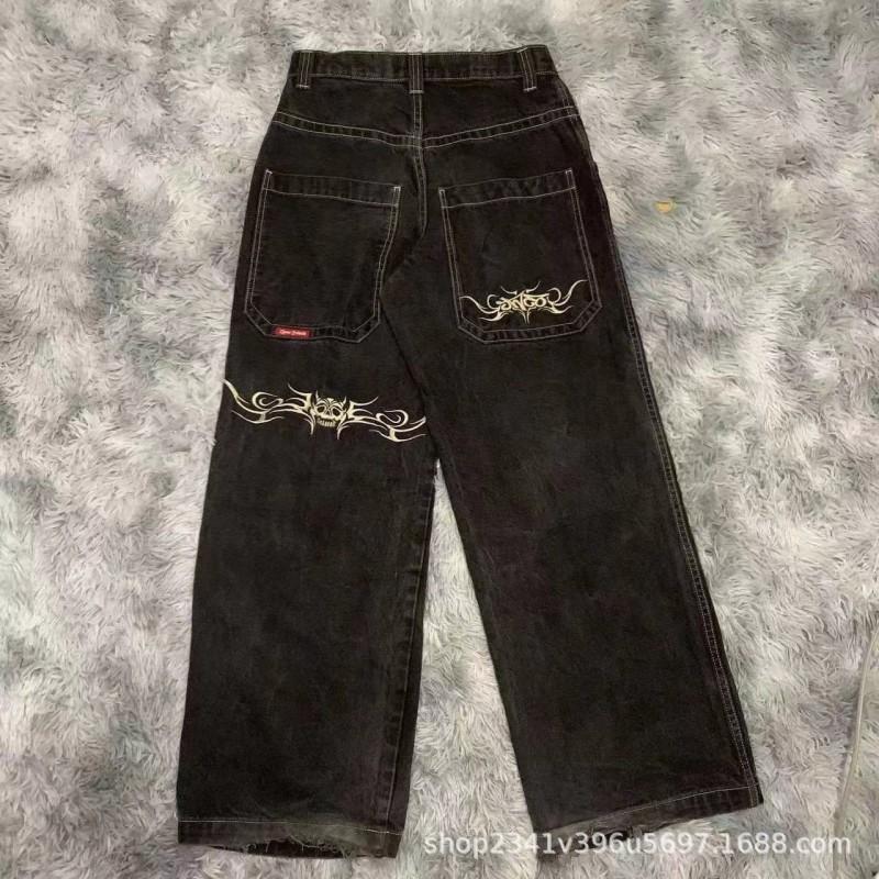 Mens Y2K Hip Hop Wide Leg Straight Fit Denim Jeans - Washed Cotton Loose Streetwear Style