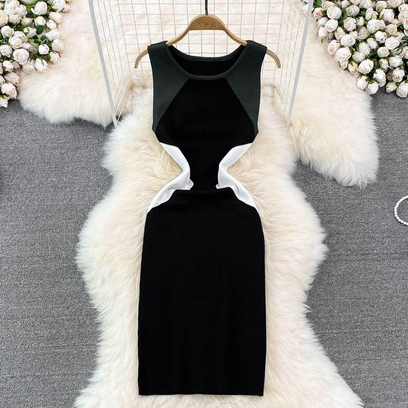K-style Chic Contrast Color round Neck Vest Dress Summer New Arrival Fashion Slim Fit Slimming Sleeveless Knitting Sheath Dress