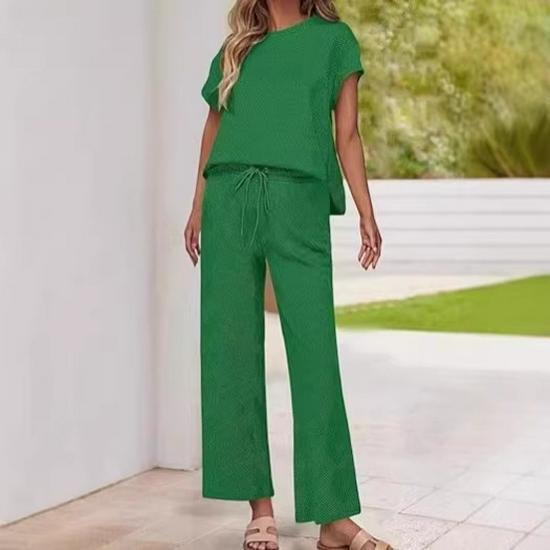 

Women s Casual Summer Travel Set: Short Sleeve Top & Wide-Leg Pants Small зелёный