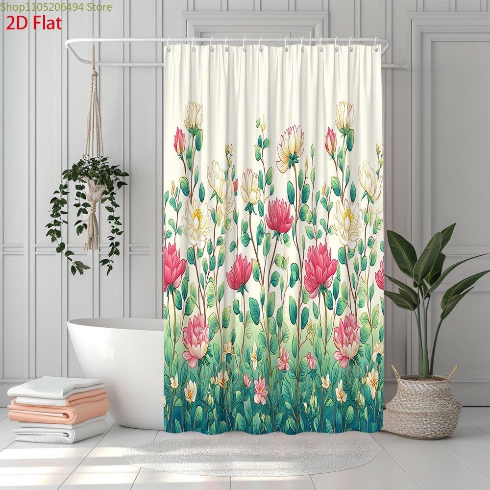 1pc Floral Botanical Garden Shower Curtain with 12 Hooks - Blooming Flowers Bath Tub Drapery, Machine Washable Suitable for Ba