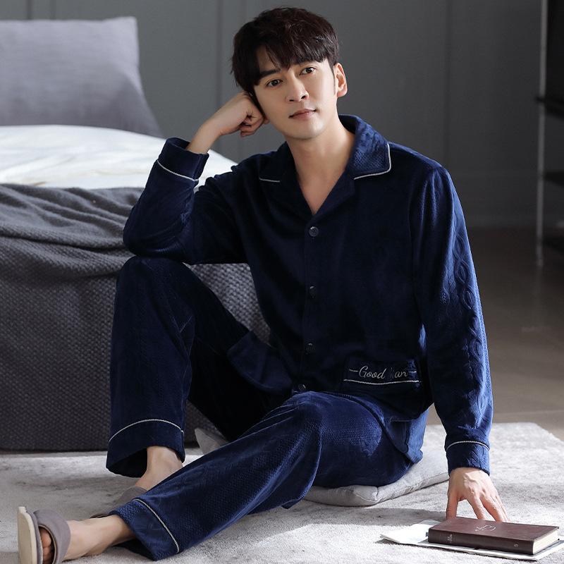 Island Fleece Pajamas Men'S Autumn And Winter Fleece Thickened Coral Fleece Thermal Loungewear Can Be Worn Outside The Suit